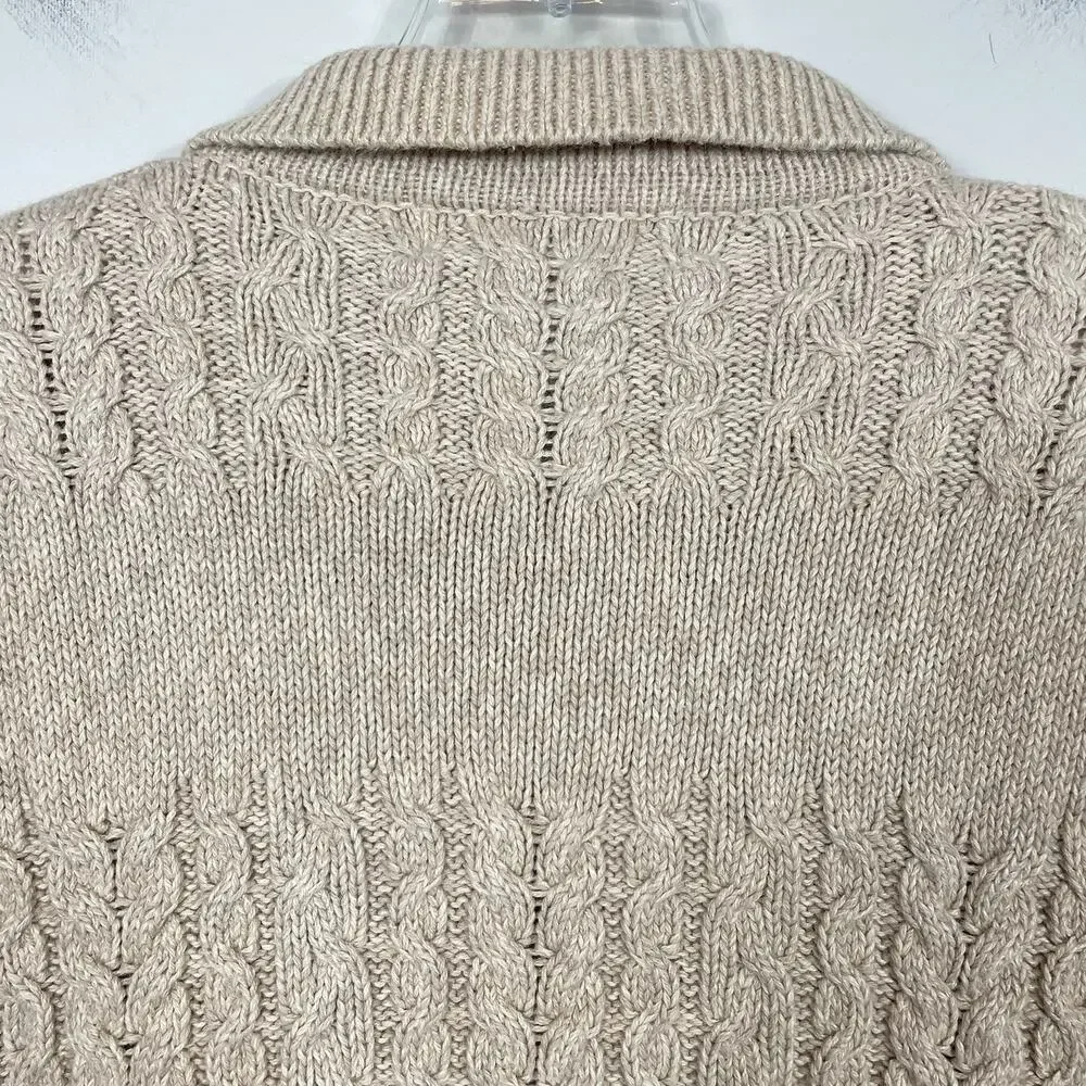 Vtg Cable Knit Cardigan Sweater Size L Beige Embroidered Fall Leaves Cottagecore